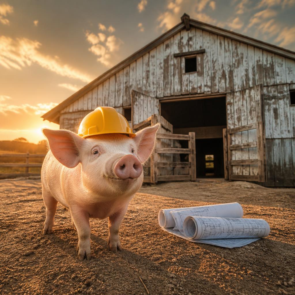 Fotorealistischer Schweine-Bauarbeiter vor einem alten Schweinestall bereit zur Transformation